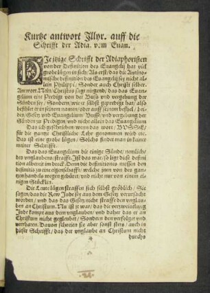 Kurtze antwort Jllyr. auff die || Schrifft der Adia. vom Euan.||