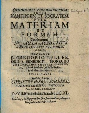 Coniugium philosophicum inter Xantippen et Socratem, puta materiam et formam