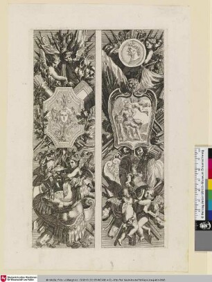[Zwei Prospekte Mit Schilden und Waffen; Vers le haut du projet de gauche, dans un cartouche, de Hercule assis couronné par un petit génie]