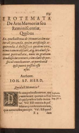 Erotemata De Arte Memoriae seu Reminiscentiae [...] Authore Ioh. Sp. Herd.