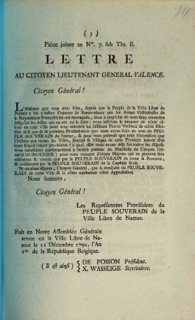 Lettre Du Citoyen Colonel & Adjutant General Foissac aux Representans Provisoires du Peuple Souverain de Namur. Au Quartier General de Namur. Le 10. Decembre 1792, l'an de la Republique.