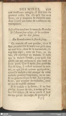 Instruction touchant la vertu des Remedes de l'Auteur, leur usage, & la conduite qui les doit suivre. Du Remede contre les flux de sang