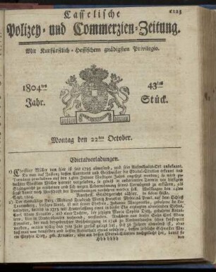 43tes Stueck, Montag den 22ten October 1804