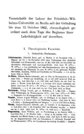 Verzeichniss der Lehrer der Friedrich-Wilhelms-Universität zu Berlin seit der Gründung bis zum 15. October 1862, chronologisch geordnet nach dem Tage des Beginnes ihrer Lehrtätigkeit auf derselben