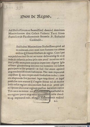 De regno : mit Widmungsbrief an Erzherzog Maximilian I., Rom 1.1.1469, von Kardinal Francesco Todeschini-Piccolomini