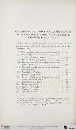 Verzeichnis von gestochenen Kupferplatten im Besitze von Sr Rombout van den Hoeye und Juffr Sara de Bary