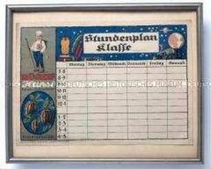 Bilderrahmen mit Schul-Stundenplan mit Werbeaufdruck "RÜGER HANSI Kakao- u. Schokoladen Kakaopflanze. Stundenplan Klasse ..."