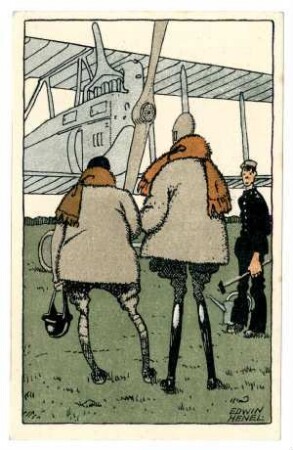 Postkarten mit Flieger-Karikaturen: (Vor dem Start) (mit Zensurvermerk 27.12.1917 Nr. 3720a)