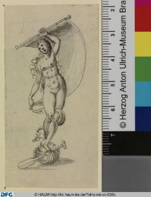 Venus als Fortuna, auf einer Muschel stehend, mit Paddel und Segel