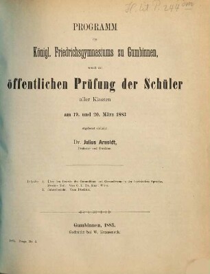 Programm des Königl. Friedrichsgymnasiums zu Gumbinnen : für das Schuljahr ... 1882/83