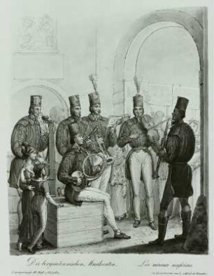 Die bergmännischen Musikanten : Opiz, Georg Emanuel: Die bergmännischen Musikanten. Aus: Leipziger Messe, Heft 2. Umrißradierung, koloriert; 28 x 23,5 cm. 1825. Leipzig: Stadtgeschichtliches Museum XV B KK 35