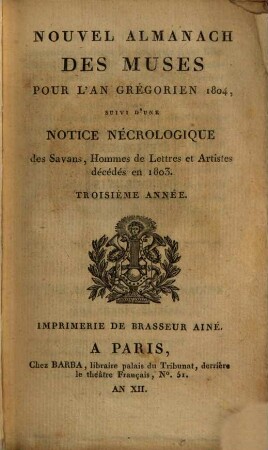 Almanach des muses : ou choix des poésies fugitives. 1804, 1804