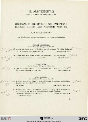 III. Auktionstag. Freitag, den 22. Februar. Ölgemälde, Aquarelle und Handzeichnungen Alter und Neuerer Meister (337-464)