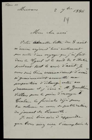 Nr. 4: Brief von Camille Jordan an Felix Klein, Me[...], 2.9.1886