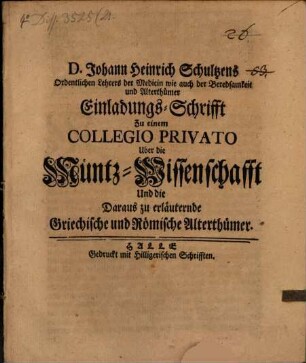 Einladungs-Schrift zu einem Collegio privato über die Müntz-Wissenschafft