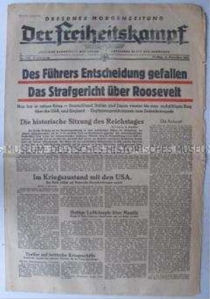 Tageszeitung der NSDAP für den Gau Sachsen "Der Freiheitskampf" zur Kriegserklärung an die USA