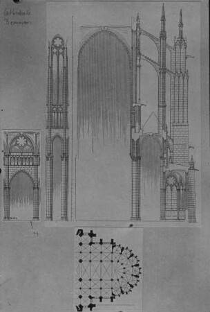 Beauvais, Kathedrale Sainte-Pierre, Chor von Osten, Querschnitt, Grundriss, Aufriss, Chorumgang und Kapellenkranz 1227-1245, Hochchor und Einwölbung 1255-1272