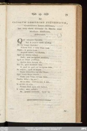 Ad Capolum Leberecht Stützingium, Commilitonum suorum carissimum, iam verbi diuni Kleinauiae in Marchia veteri Ministrum fidelissimum. MDCCXXXIV.