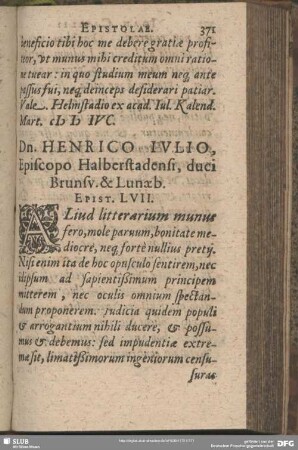 Dn. Henrico Iulio, Episcopo Halberstadensi, duci Brunsv. & Lunaeb. Epist. LVII.
