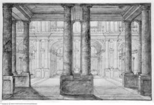 Architekturcapriccio: Kuppelsaal mit einem Reiterstandbild im Zentrum