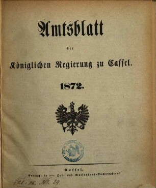 Amtsblatt der Regierung in Kassel. 1872