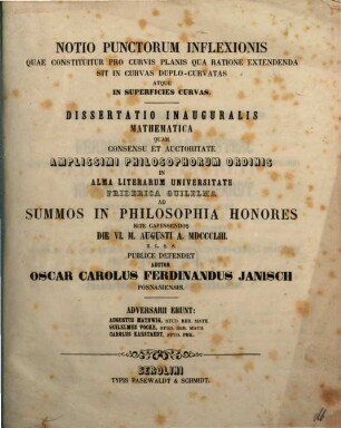 Notio punctorum inflexionis quae constituitur pro curvis planis qua ratione extendenda sit in curvas duplo-curvatas atque in superficies curvas : (Diss.)