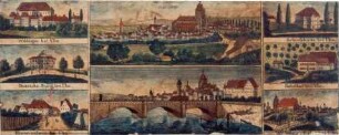 Koloriertes Sammelblatt mit: Kloster Wiblingen, Heinrichsburg, Blumenschein, Schießhaus, Ruhetal, Wilhelmshöhe, Ansicht Ulm von Norden, Blick über die Donau auf die Herdbrücke und Ulm.