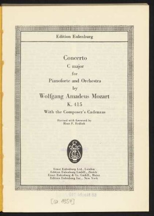 Concerto C major : for pianoforte and orchestra : K. 415