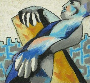Figur halbliegend vor Mauer