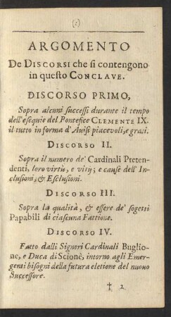 Argomento De Discorsi che si contengono in questo Conclave.