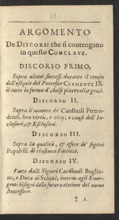 Argomento De Discorsi che si contengono in questo Conclave.