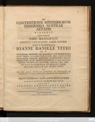 De Contemtione Mysteriorvm Temeraria Nostrae Aetatis