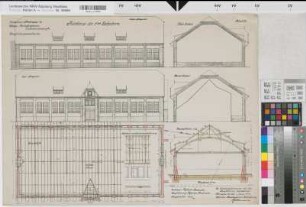 Münster (Münster) Trainkaserne Reithaus (5. Eskadron) Bl. 32 Grundriß, Ansichten, Schnitte (1913)1917 1 : 100 50 x 67 farb. Druck Rudnicki, Regierungsbaumeister Hochbauamt Münster
