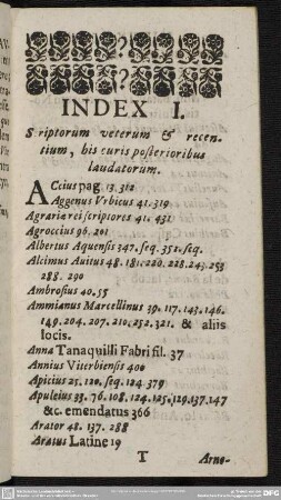 Index I. Scriptorum veterum & recentium, bis curis posterioribus laudatorum