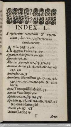 Index I. Scriptorum veterum & recentium, bis curis posterioribus laudatorum