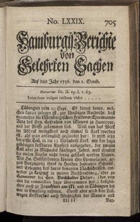 No. LXXIX. Auf das Jahr 1736. den 2. Octob. - No. LXXXVII. Auf das Jahr 1736. den 30. Octob.