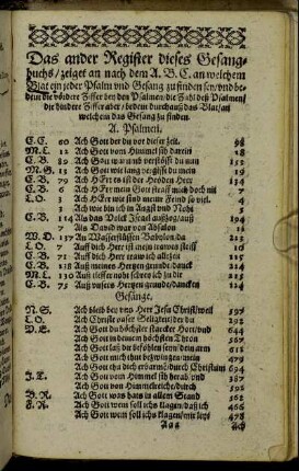 Das ander Register dieses Gesangbuchs/ zeiget an nach dem A. B. C. an welchen Blat ein jeder Psalm und Gesang zu finden sey [...]
