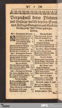 Verzeichniß derer Psalmen und Gesänge.