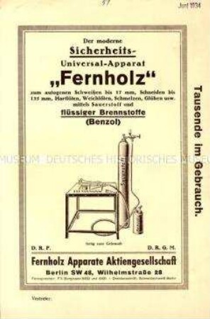 Der moderne Sicherheits-Universal-Apparat "Fernholz" zum autogenen Schweißen bis 17 mm, Schneiden bis 135 mm, Hartlöten, Weichlöten, Schmelzen, Glühen usw. mittels Sauerstoff und flüssiger Brennstoffe (Benzol)