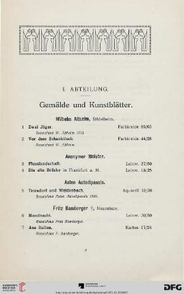 I. Abteilung. Gemälde und Kunstblätter (Nr. 1-99)