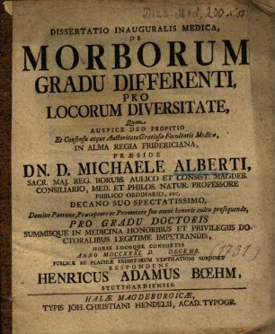 Dissertatio Inauguralis Medica, De Morborum Gradu Differenti, Pro Locorum Diversitate