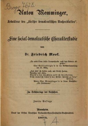 Anton Memminger, Redakteur des "Fürther demokratischen Wochenblattes" : Eine social-demokratische Charakterstudie