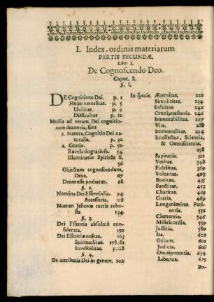 I. Index, ordinis materiarum Partis Secundae.