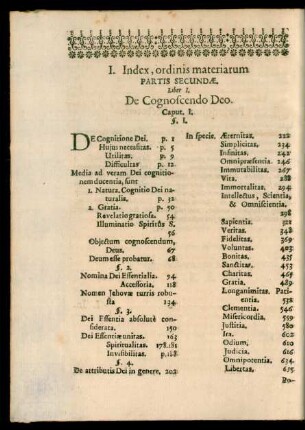I. Index, ordinis materiarum Partis Secundae.