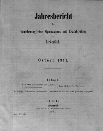 Jahresbericht des Großherzoglichen Gymnasiums mit Realabteilung zu Birkenfeld : Ostern ...