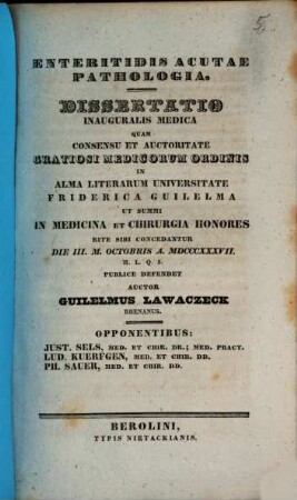 Enteritidis acutae pathologia : Diss. inaug. med.