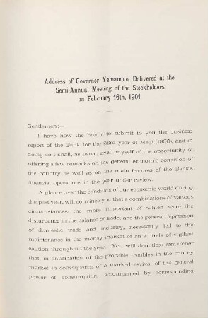 Address of Governor Yamamoto, delivered at the Semi-Annual Meeting of the Stock-holders on February 16th, 1901