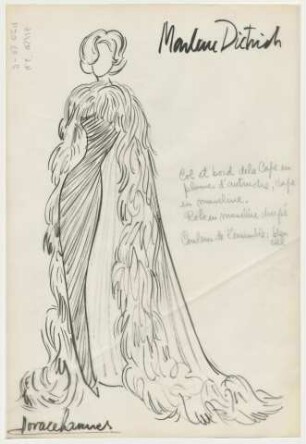 Marlene Dietrich - Ein schmales, diagonal geschnittenes, langes Kleid und Umhang mit Saum aus Federn (Archivtitel)
