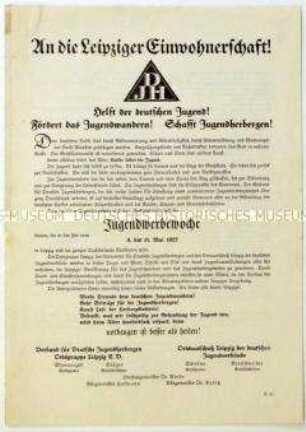Aufruf zur Unterstützung des Verbandes für Deutsche Jugendherbergen und Ankündigung der Jugendwerbewoche vom 8. bis 15. Mai 1927 in Leipzig