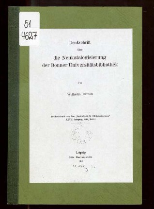 Denkschrift über die Neukatalogisierung der Bonner Universitätsbibliothek